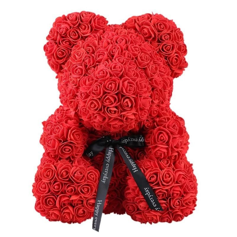 Ursulet floral rosu, decorat manual cu trandafiri de spuma, Teddy Bear 25 cm