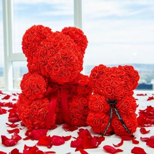 Ursulet floral rosu, decorat manual cu trandafiri de spuma, Teddy Bear 25 cm