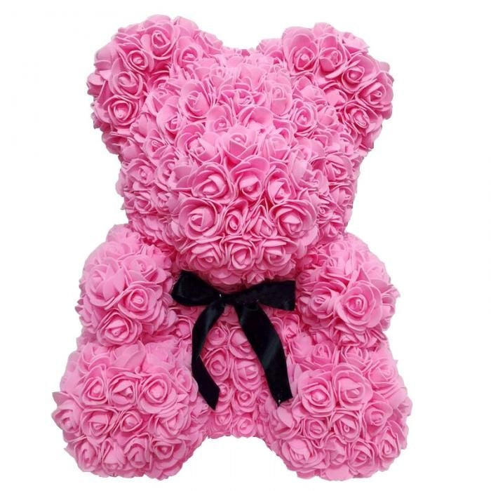 Ursulet floral roz, decorat manual cu trandafiri de spuma, Teddy Bear 25 cm
