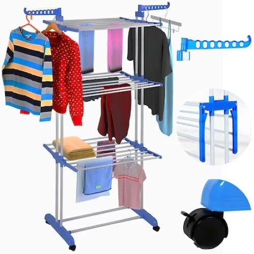Uscator de rufe, vertical, capacitate de uscare 40 kg de haine, pliabil si mobil, compact, cu 3 niveluri de uscare, argintiu/albastru