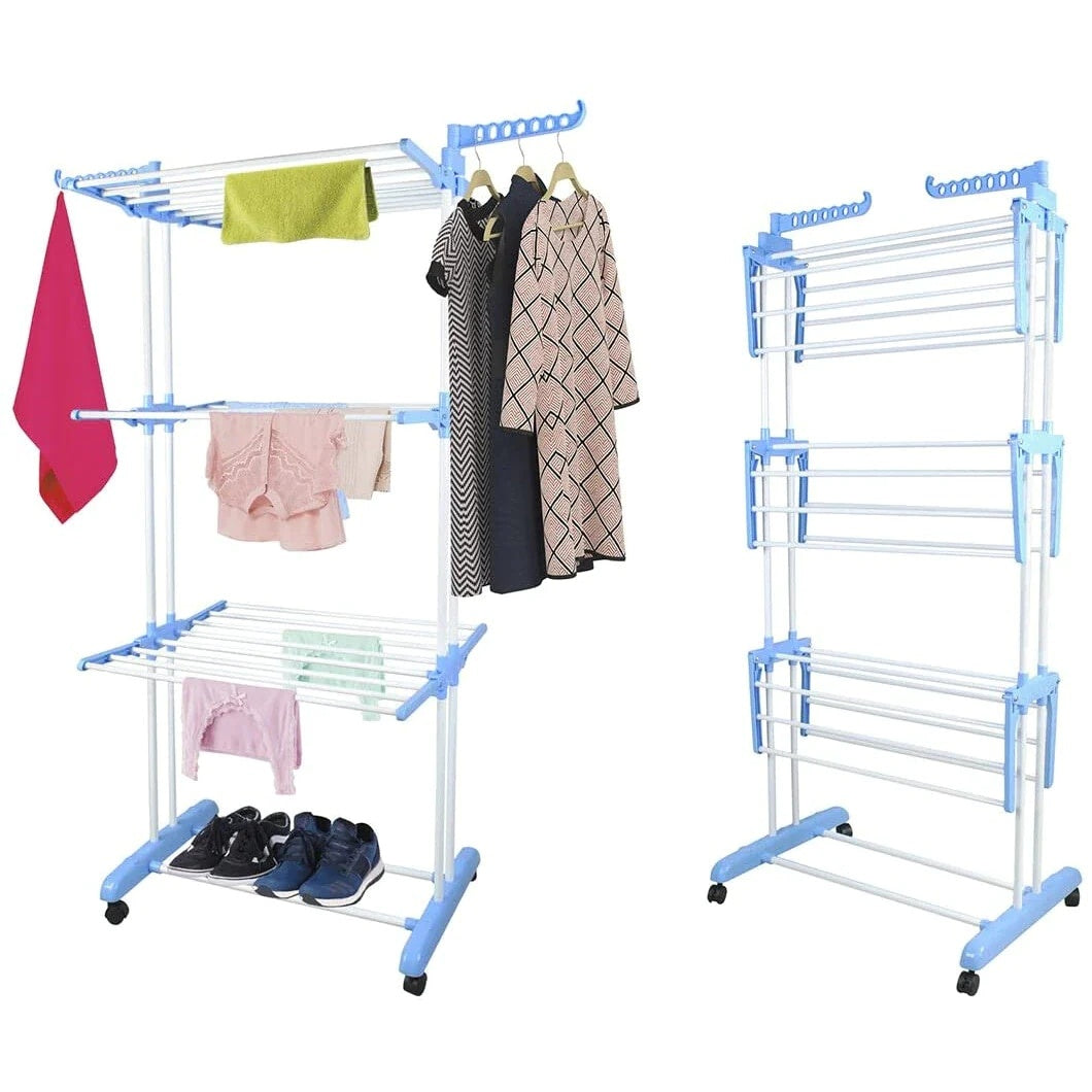Uscator de rufe, vertical, capacitate de uscare 40 kg de haine, pliabil si mobil, compact, cu 3 niveluri de uscare, argintiu/albastru