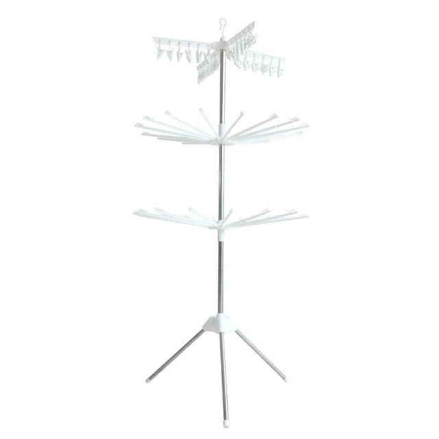 Uscator de rufe vertical, cu 3 niveluri rotative, 1 nivel cu clesti, pliabil, uscor de depozitat, din metal si plastic, alb/argintiu