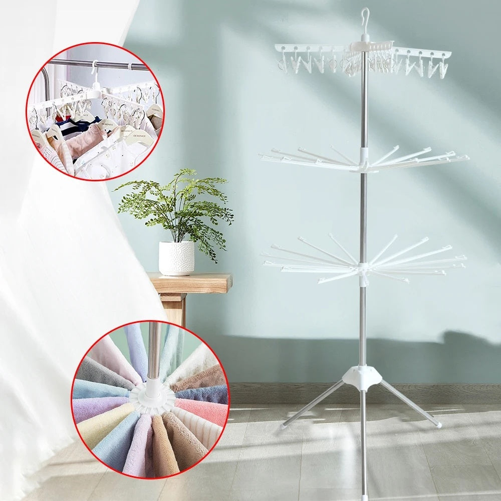 Uscator de rufe vertical, cu 3 niveluri rotative, 1 nivel cu clesti, pliabil, uscor de depozitat, din metal si plastic, alb/argintiu