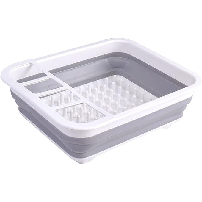 Uscator pliabil pentru vase si tacamuri, din silicon, cu 4 compartimente pentru tacamuri, dimensiuni 38 X 29.3 X 4.7 cm, gri/alb