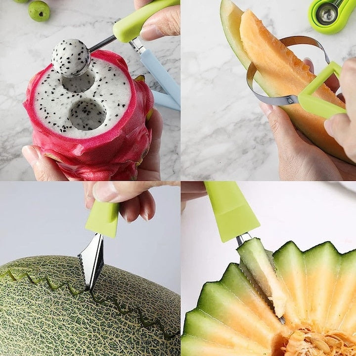 Ustensila pentru decorat si curatat fructe si legume, cu 4 capete, din metal si plastic, usor de curatat, verde