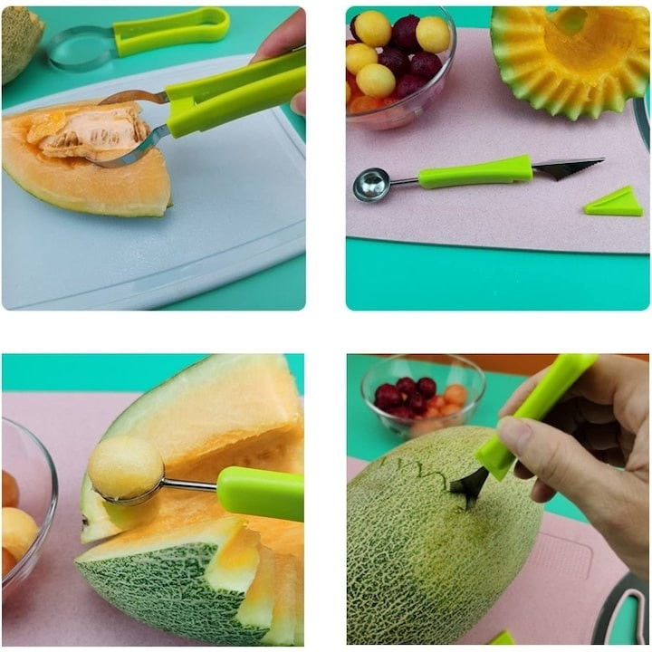 Ustensila pentru decorat si curatat fructe si legume, cu 4 capete, din metal si plastic, usor de curatat, verde