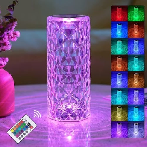 Veioza de masa, decorativa, cu telecomanda, atenuare prin atingere, din sticla, cu 16 culori, transparent