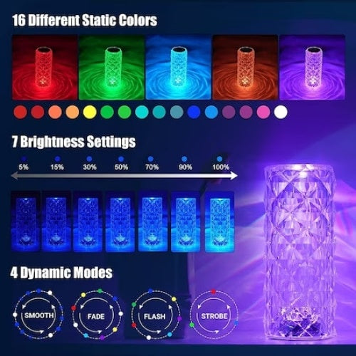 Veioza de masa, decorativa, cu telecomanda, atenuare prin atingere, din sticla, cu 16 culori, transparent