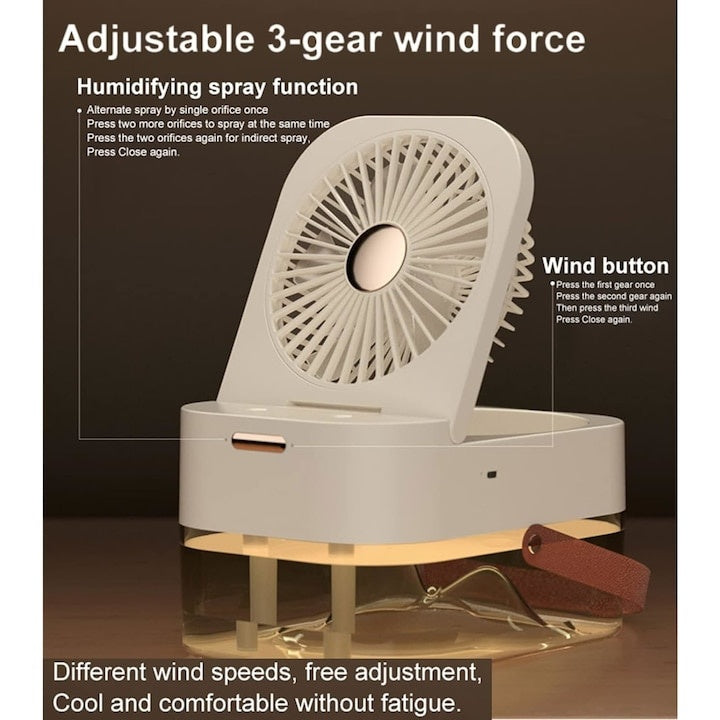 Ventilator 2 in 1, purificare si umidificare aer, portabil, rezervor apa, 3 trepte de viteza, 3 trepte pulverizare, incarcare USB, dimensiuni 12.5 x 22 x 16 cm, alb