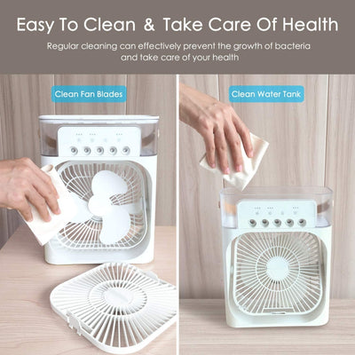 Ventilator 5 in 1, Purificare si Umidificare Aer, Odorizare, Rezervor Apa 600 ml, Temporizator, 3 Trepte de Viteza, 3 Trepde Pulverizare, Conectivitate USB, Picioare Anti-derapante, 22.5 x 15 x 7 cm, Alb
