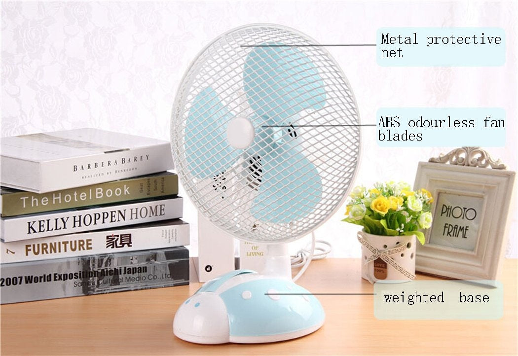 Ventilator cu picior gargarita, cu alimentare la retea, cu grila din metal, oscilant, baza anti-alunecare, alb/albastru