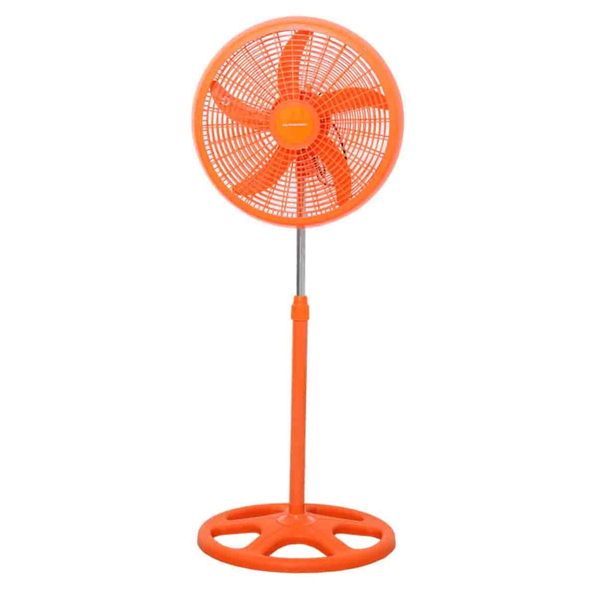 Ventilator cu picior, inaltime 126 cm, cu 3 viteze, putere 70W, cu 5 pale, baza rotunda, din metal, portocaliu
