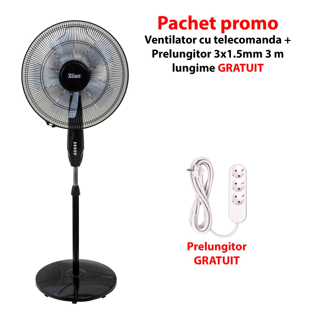 Ventilator cu picior reglabil 3 viteze 60W temporizator + Prelungitor 3m 3 prize