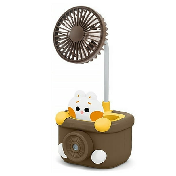 Ventilator de birou, cu suport pentru creioane, ascutitoare, figurina haioasa, cu incarcare USB, din ABS, maro