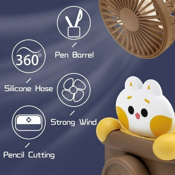 Ventilator de birou, cu suport pentru creioane, ascutitoare, figurina haioasa, cu incarcare USB, din ABS, maro