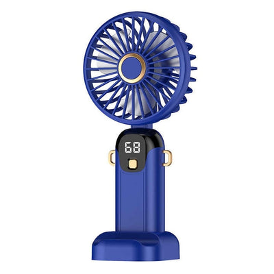 Ventilator de mana, cu suport pentru telefon si afisaj, din ABS, incarcare USB, pliabil, 3 trepte de viteza, albastru