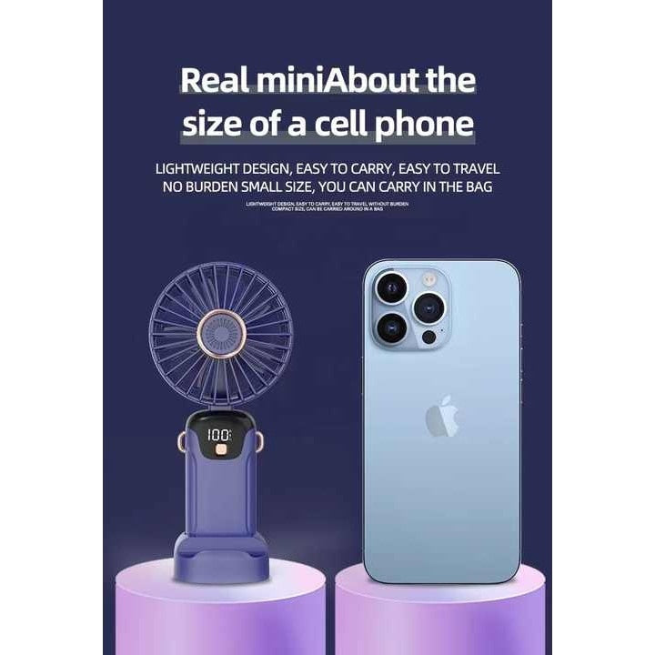 Ventilator de mana, cu suport pentru telefon si afisaj, din ABS, incarcare USB, pliabil, 3 trepte de viteza, albastru