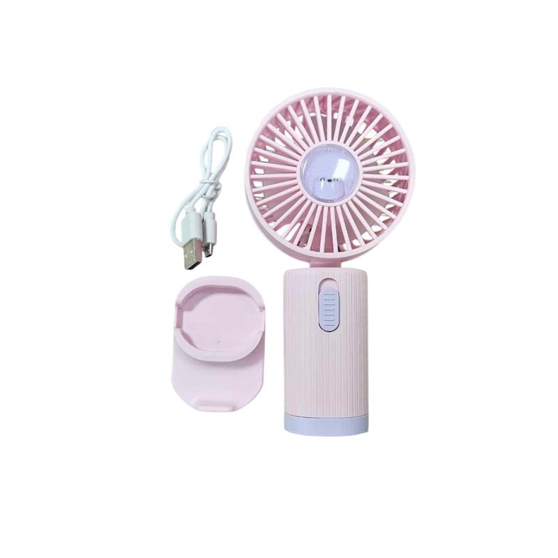 Ventilator de mana, cu suport pentru telefonul mobil, incarcare USB, buton On/OFF, 3 viteze, mov/roz