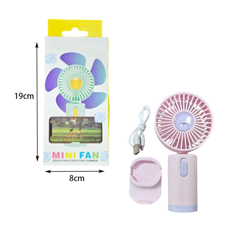 Ventilator de mana, cu suport pentru telefonul mobil, incarcare USB, buton On/OFF, 3 viteze, mov/roz