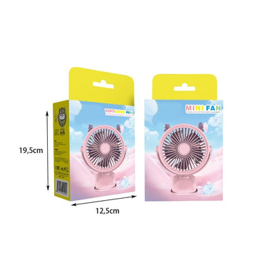 Ventilator de mana, prindere cu clips, incarcare USB, cu cornite, oscilabil, buton On/OFF, 3 viteze, roz