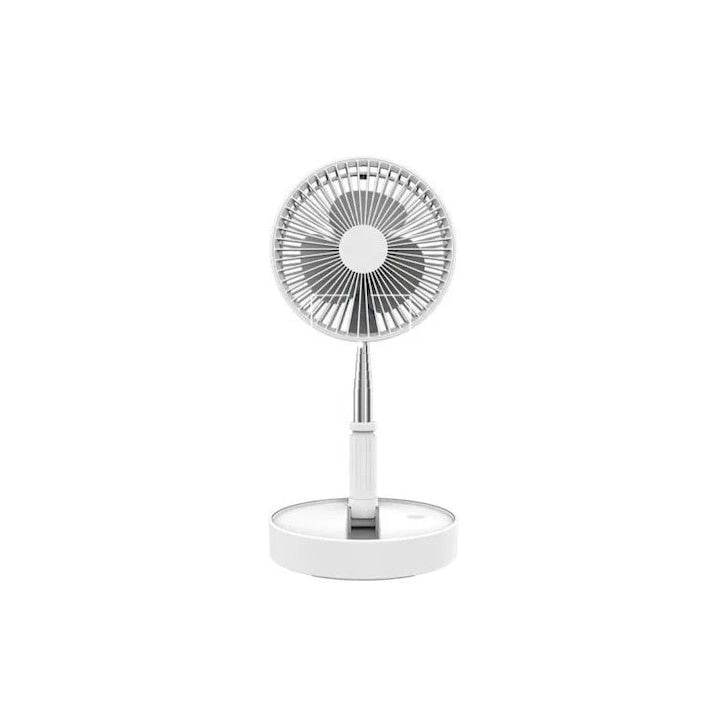 Ventilator de masa, cu brat telescopic, cu acumulator, portabil, pliabil, cu 4 trepte de viteza, cu sistem anti-alunecare, alb