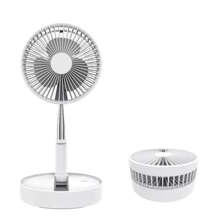 Ventilator de masa, cu brat telescopic, cu acumulator, portabil, pliabil, cu 4 trepte de viteza, cu sistem anti-alunecare, alb