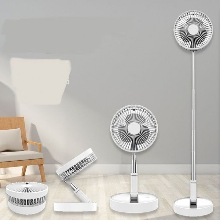 Ventilator de masa, cu brat telescopic, cu acumulator, portabil, pliabil, cu 4 trepte de viteza, cu sistem anti-alunecare, alb