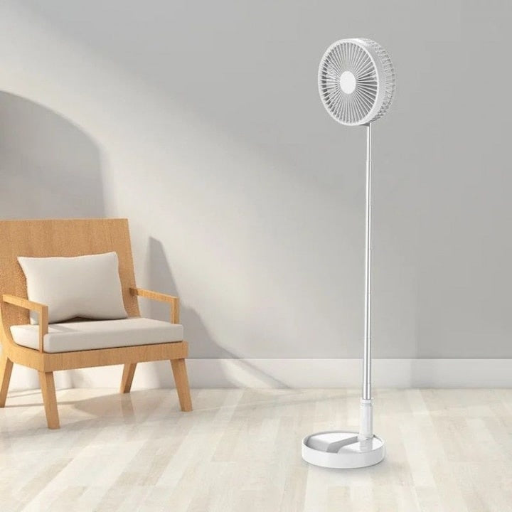 Ventilator de masa, cu brat telescopic, cu acumulator, portabil, pliabil, cu 4 trepte de viteza, cu sistem anti-alunecare, alb