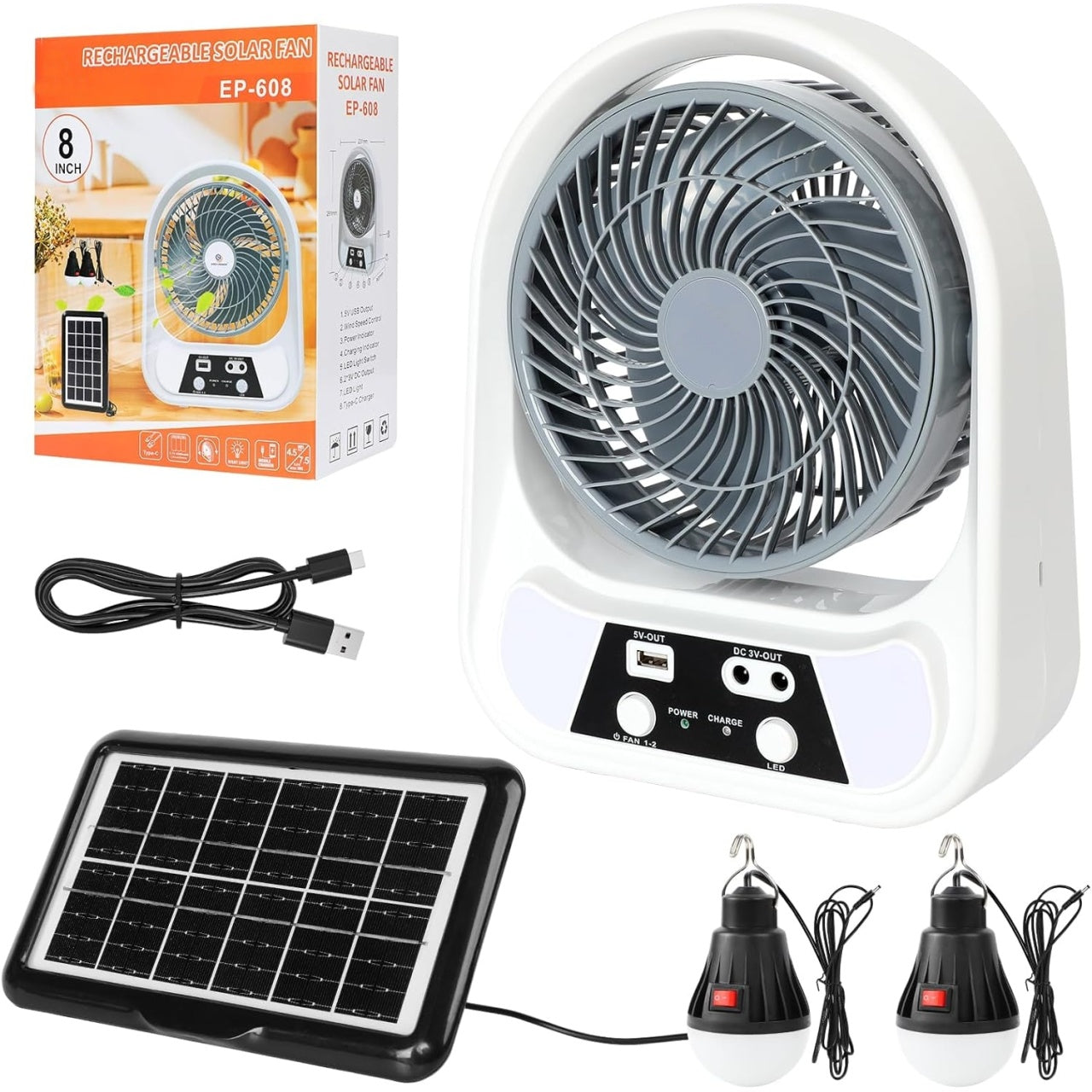 Ventilator de masa, cu incarcare solara, 8 inch, cu 2 becuri incluse, functie de powerbank, din ABS, cu USB, alb/gri