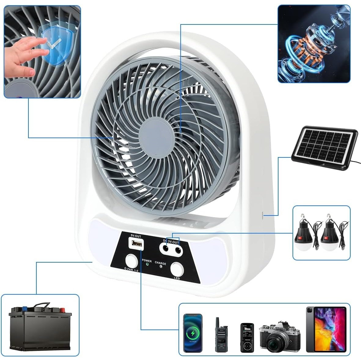 Ventilator de masa, cu incarcare solara, 8 inch, cu 2 becuri incluse, functie de powerbank, din ABS, cu USB, alb/gri