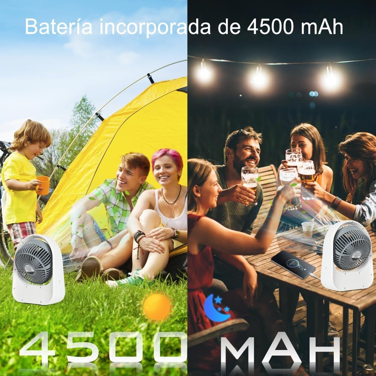 Ventilator de masa, cu incarcare solara, 8 inch, cu 2 becuri incluse, functie de powerbank, din ABS, cu USB, alb/gri