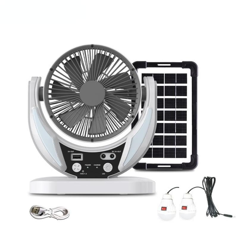 Ventilator de masa, cu incarcare solara, cu 2 becuri incluse, functie de powerbank, din ABS, cu USB, alb/gri