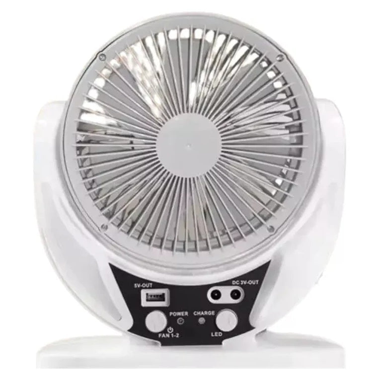 Ventilator de masa, cu incarcare solara, cu 2 becuri incluse, functie de powerbank, din ABS, cu USB, alb/gri