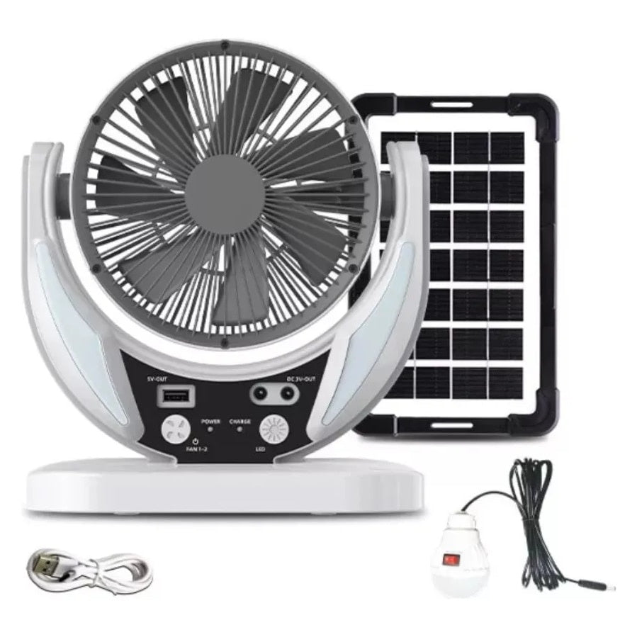 Ventilator de masa, cu incarcare solara, cu 2 becuri incluse, functie de powerbank, din ABS, cu USB, alb/gri