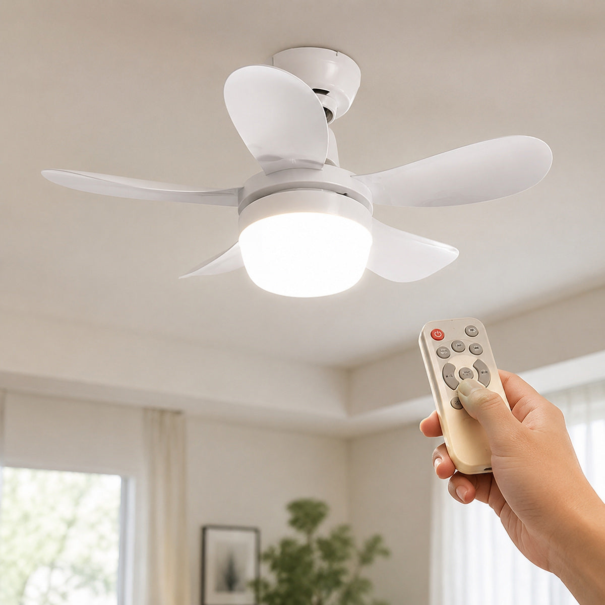 Ventilator de Tavan cu Bec LED, Soclu E27 și Telecomandă, Alb – imagine comercială