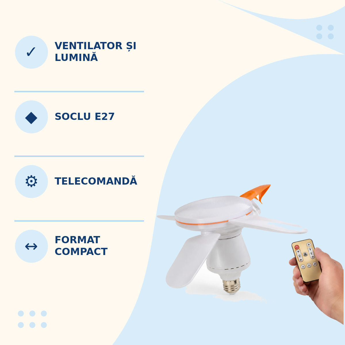 Ventilator de Tavan cu Bec LED, Soclu E27 și Telecomandă, Alb – caracteristici