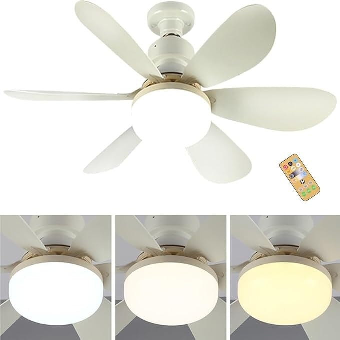 Ventilator de tavan cu bec, telecomanda, 3 viteze, dimensiuni 52x18.5 cm, lumina alba, din plastic si ABS, alb