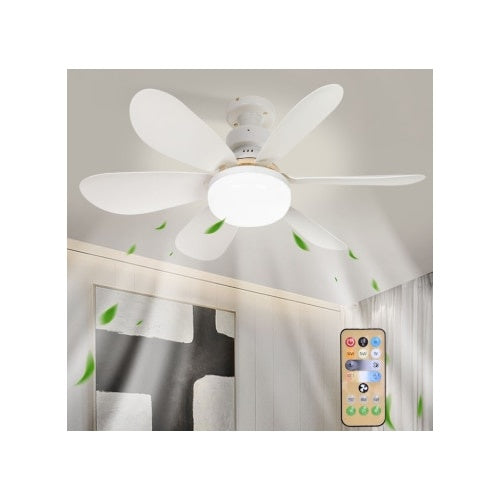 Ventilator de tavan cu bec, telecomanda, 3 viteze, dimensiuni 52x18.5 cm, lumina alba, din plastic si ABS, alb
