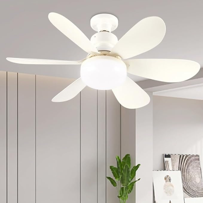 Ventilator de tavan cu bec, telecomanda, 3 viteze, dimensiuni 52x18.5 cm, lumina alba, din plastic si ABS, alb