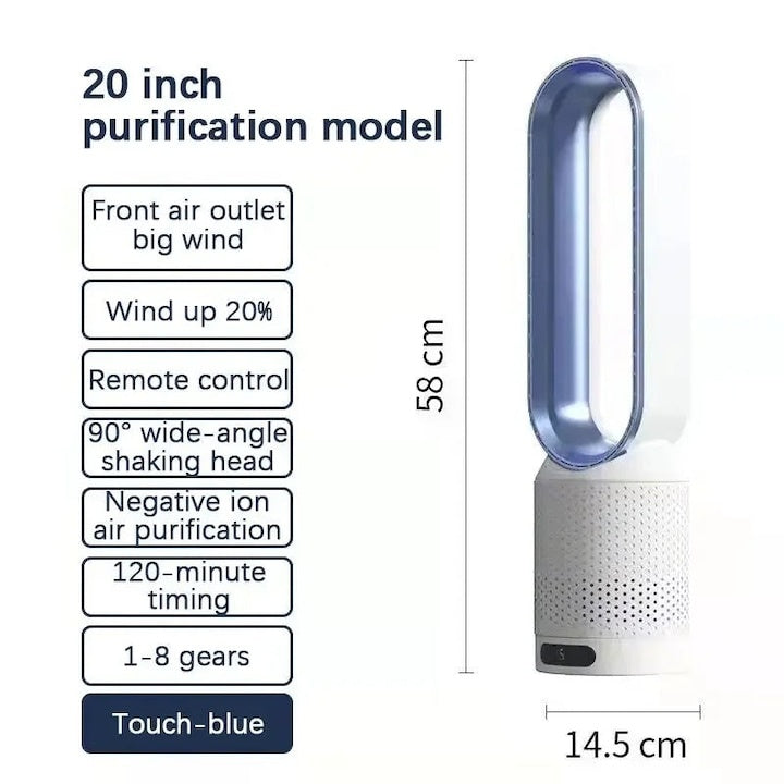 Ventilator electric, fara pale, cu 8 trepte de viteza, telecomanda, dimensiuni 58x14.5 cm, alb