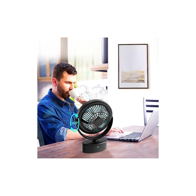 Ventilator inteligent, portabil, pentru camping, cu incarcare USB, cu lumina LED puternica, negru