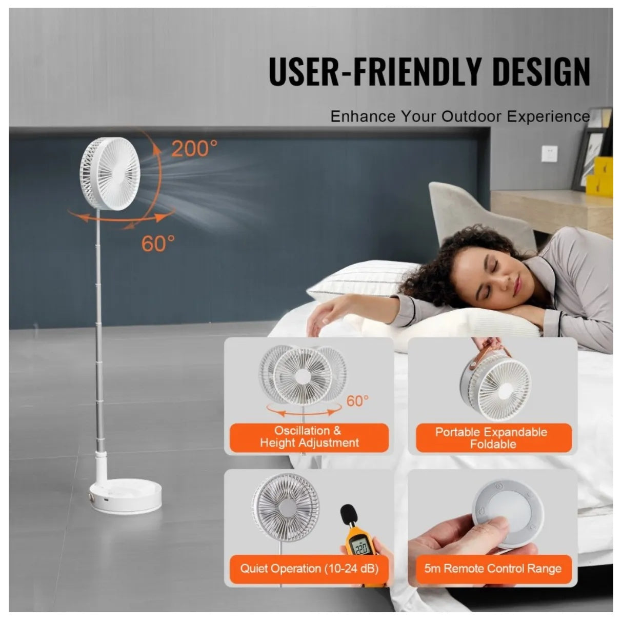 Ventilator portabil, ajustabil, incarcare USB, cu 4 viteze, inaltime reglabila 9,5cm- 102cm, din metal si plastic, ultra silentios, alb
