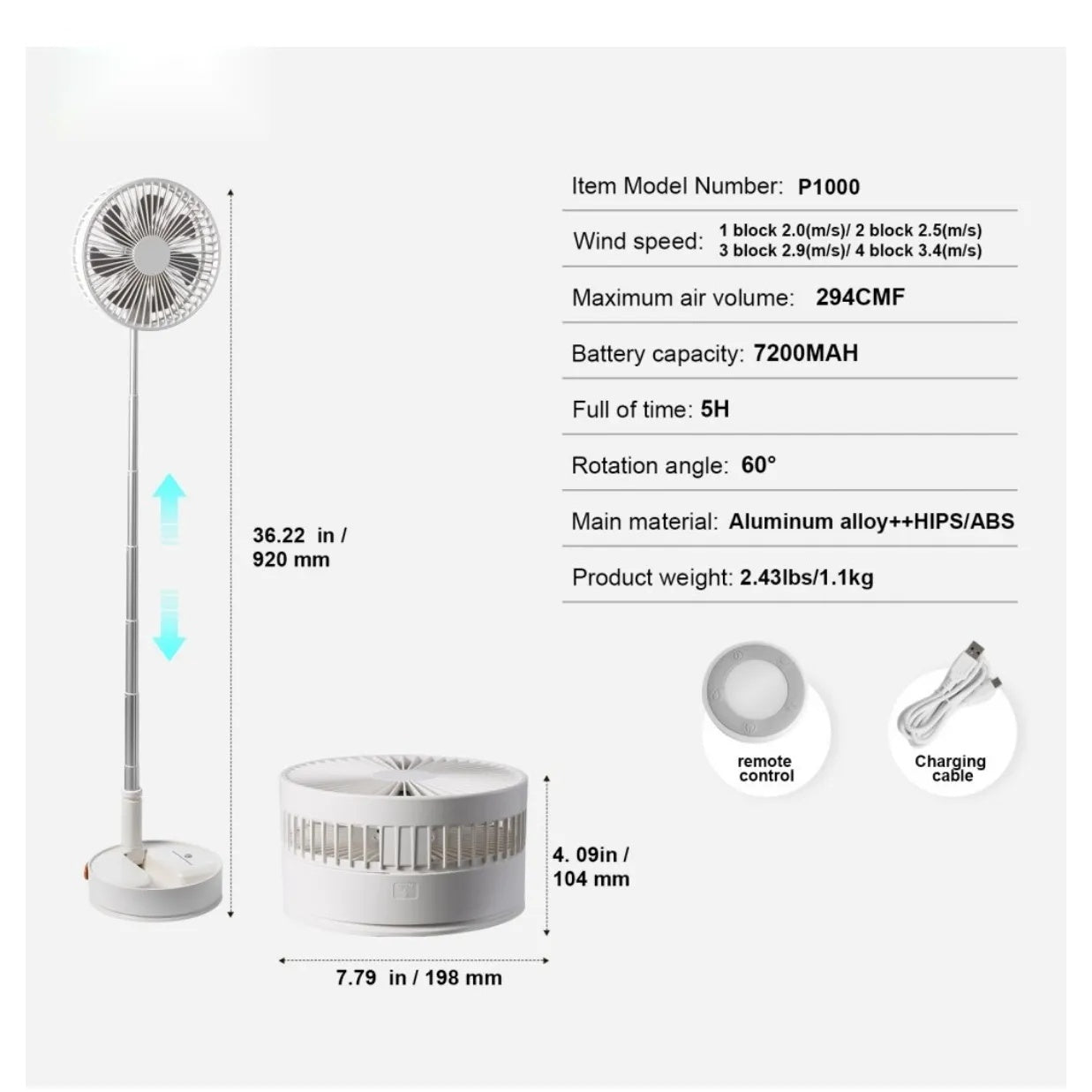 Ventilator portabil, ajustabil, incarcare USB, cu 4 viteze, inaltime reglabila 9,5cm- 102cm, din metal si plastic, ultra silentios, alb