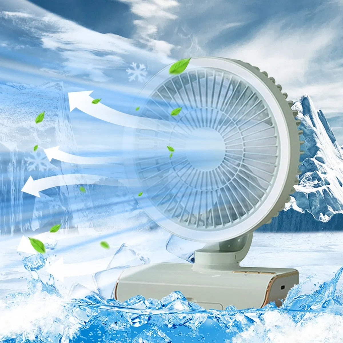 Ventilator portabil, cu lumina LED, din ABS, oscilanat, cu 3 viteze, incarcare USB, grila de siguranta, gri/alb