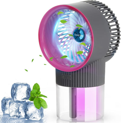 Ventilator portabil cu pulverizare, cu rezervor de apă de 350 ml și lumină de noapte, cu 3 viteze pentru acasă, birou, pescuit, utilizare în exterior și interior, alb/mov