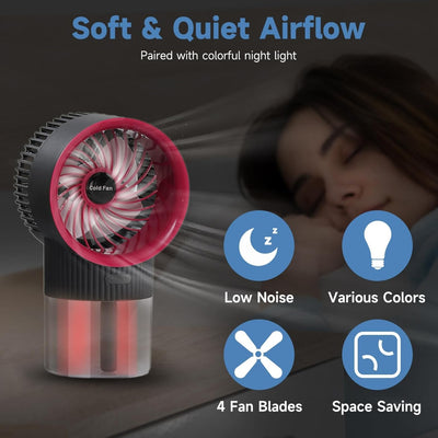 Ventilator portabil cu pulverizare, cu rezervor de apă de 350 ml și lumină de noapte, cu 3 viteze pentru acasă, birou, pescuit, utilizare în exterior și interior, alb/mov