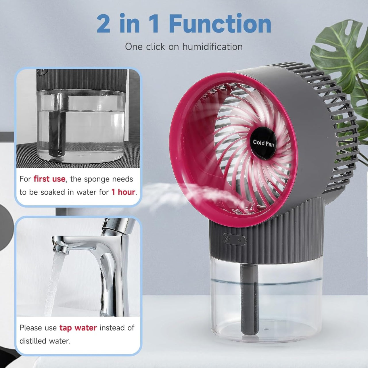 Ventilator portabil cu pulverizare, cu rezervor de apă de 350 ml și lumină de noapte, cu 3 viteze pentru acasă, birou, pescuit, utilizare în exterior și interior, alb/mov