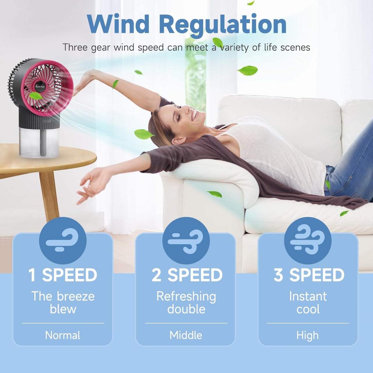 Ventilator portabil cu pulverizare, cu rezervor de apă de 350 ml și lumină de noapte, cu 3 viteze pentru acasă, birou, pescuit, utilizare în exterior și interior, alb/mov