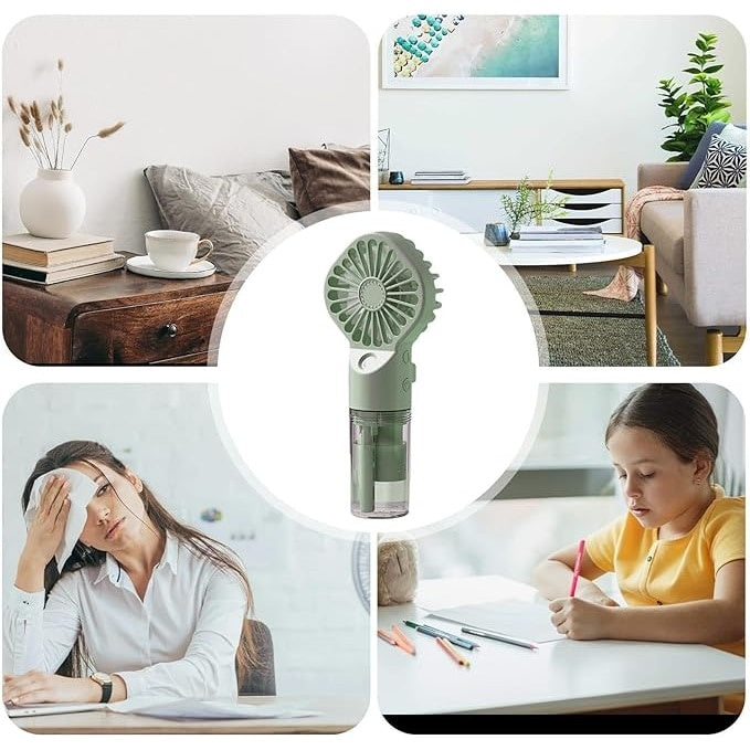 Ventilator portabil de mana, cu vapori de apa, 4 trepte de viteza, ideal pentru calatorii, din plastic, verde