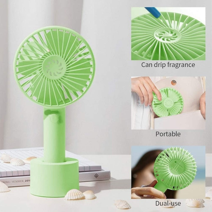 Ventilator portabil, design compact, functionare silentioasa, viteza ajustabila, incarcate USB, cu acumulator, verde